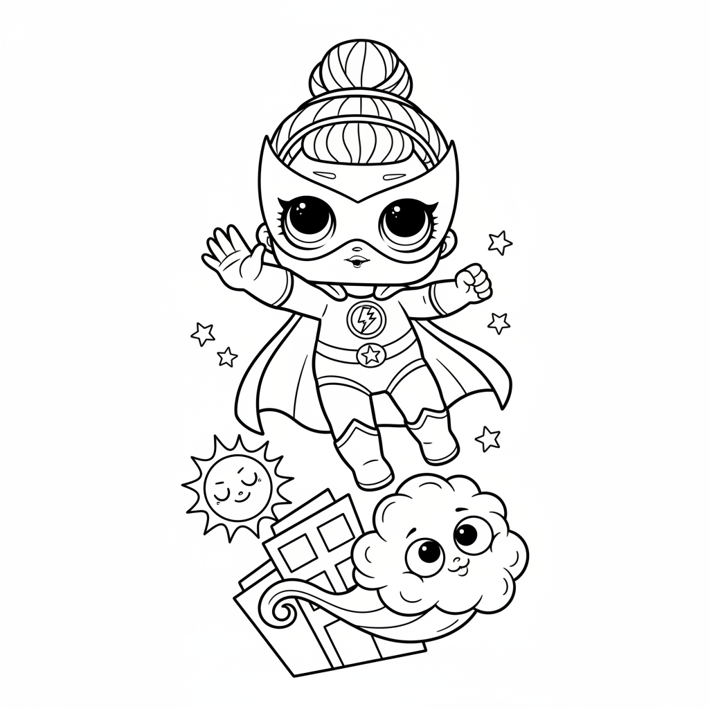 Poupée LOL super-héroïne avec cape et masque sauvant la journée - Coloriage gratuit à imprimer