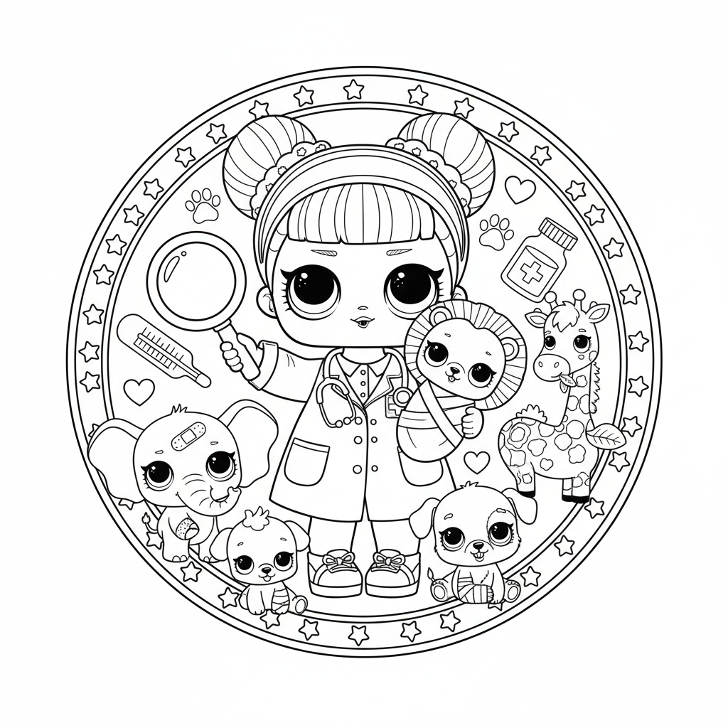 Vétérinaire en poupée LOL soignant de mignons bébés animaux - Free Printable Coloring Page