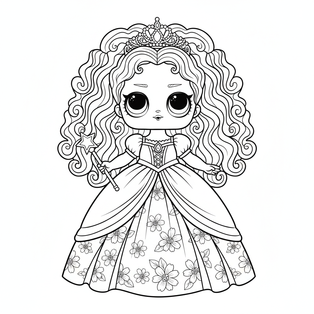 LOL-docka med lockigt hår i prinsessklänning och tiara - Gratis utskrivbar målarbild