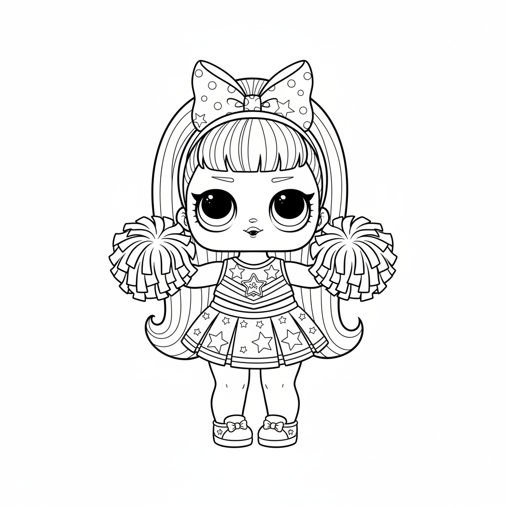 LOL-Puppe mit langem Pferdeschwanz im Cheerleader-Outfit mit Pompons - Kostenloses druckbares Ausmalbild