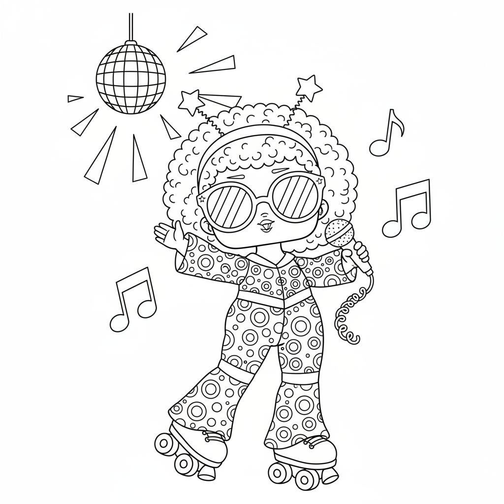 Poupée LOL avec patins à roulettes et tenue disco rétro amusante - Coloriage gratuit à imprimer