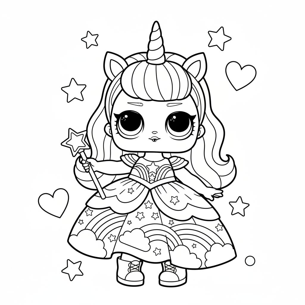 LOL-pop met eenhoornhoorn en regenboogoutfit, magisch - Gratis afdrukbare kleurplaat