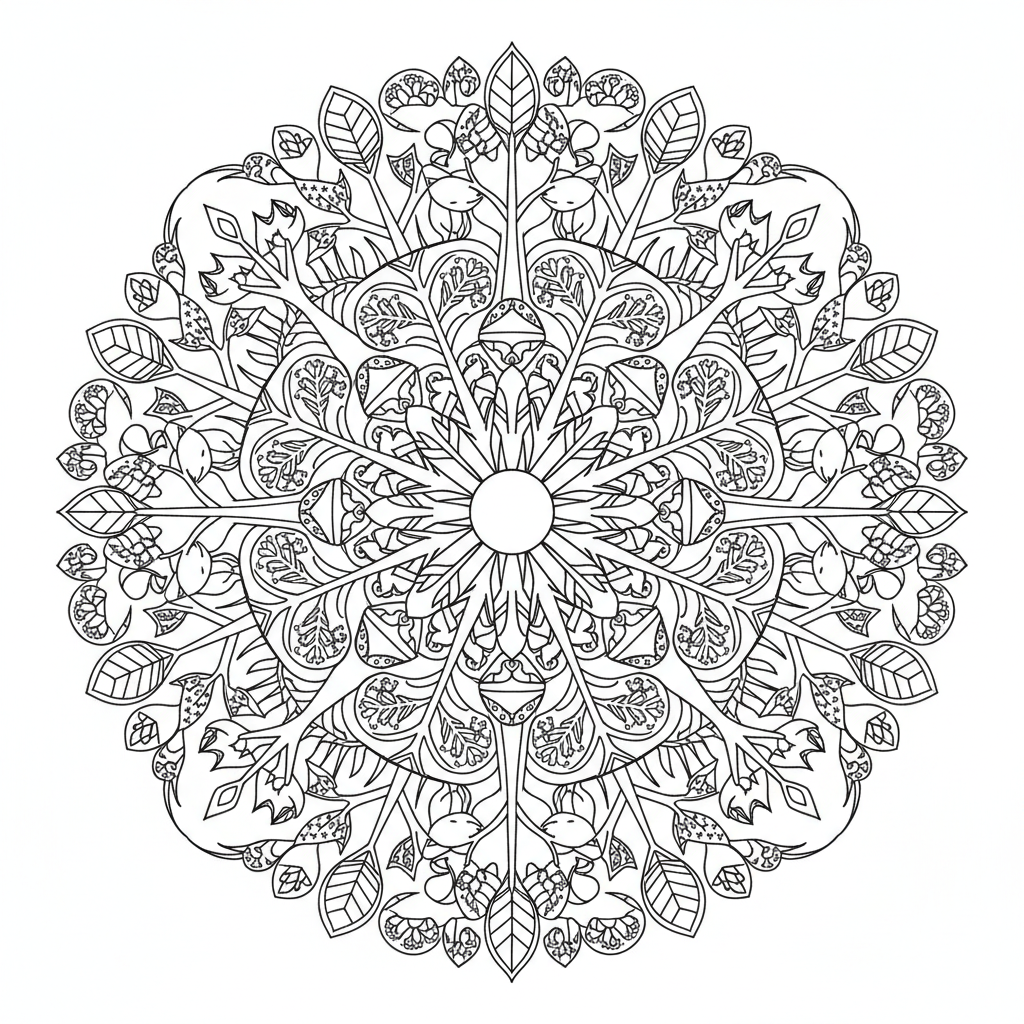 Mandala forest trees and woodland animals nature ring - Free Printable Coloring Page