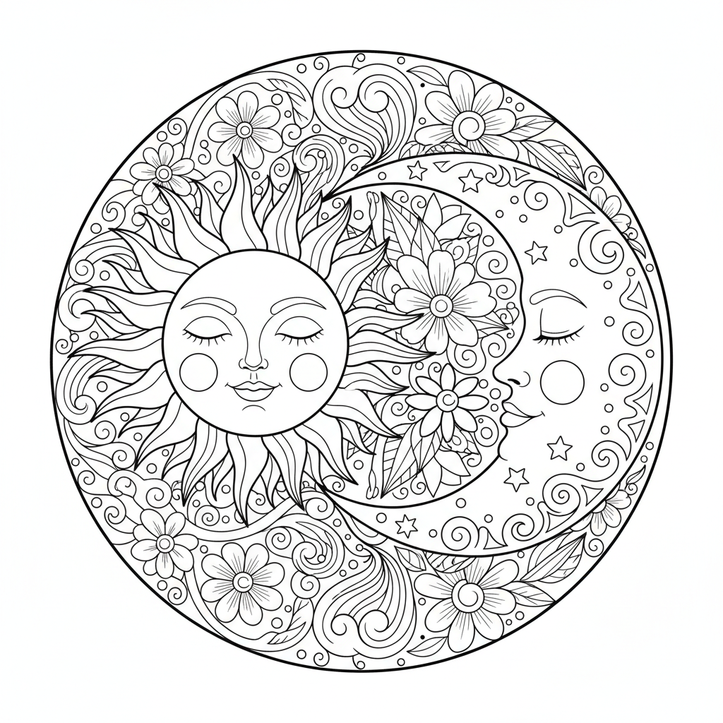 Mandala del sole e della luna - Disegno da colorare gratuito Mandala del sole e della luna - Disegno da colorare gratuito