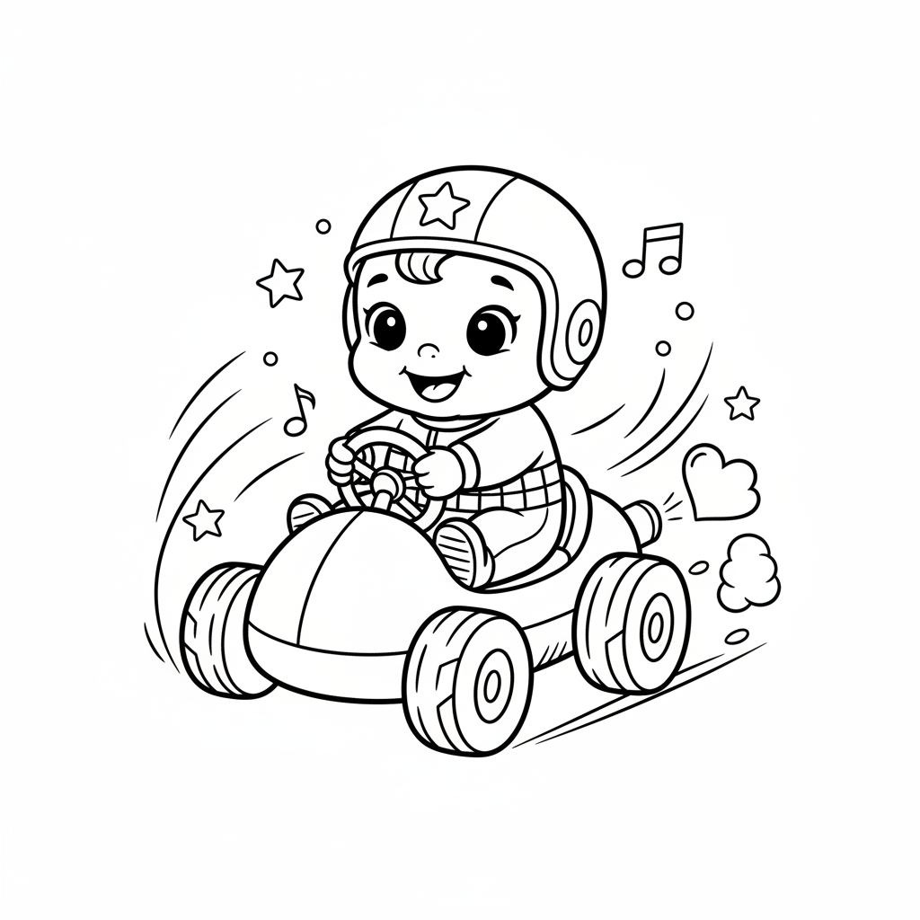 A baby cartoon character in tiny kart racing adorable - Free Printable Coloring Page A baby cartoon character in tiny kart racing adorable - Free Printable Coloring Page