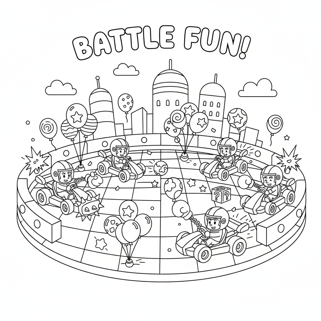 A battle mode arena with karts popping balloons - Free Printable Coloring Page A battle mode arena with karts popping balloons - Free Printable Coloring Page