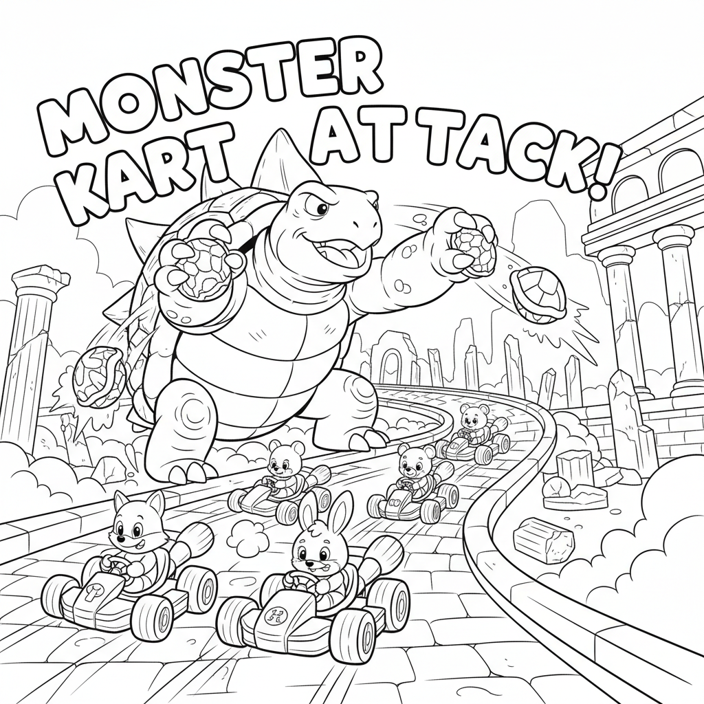 A big cartoon turtle monster throwing shells at racers attack - Free Printable Coloring Page A big cartoon turtle monster throwing shells at racers attack - Free Printable Coloring Page