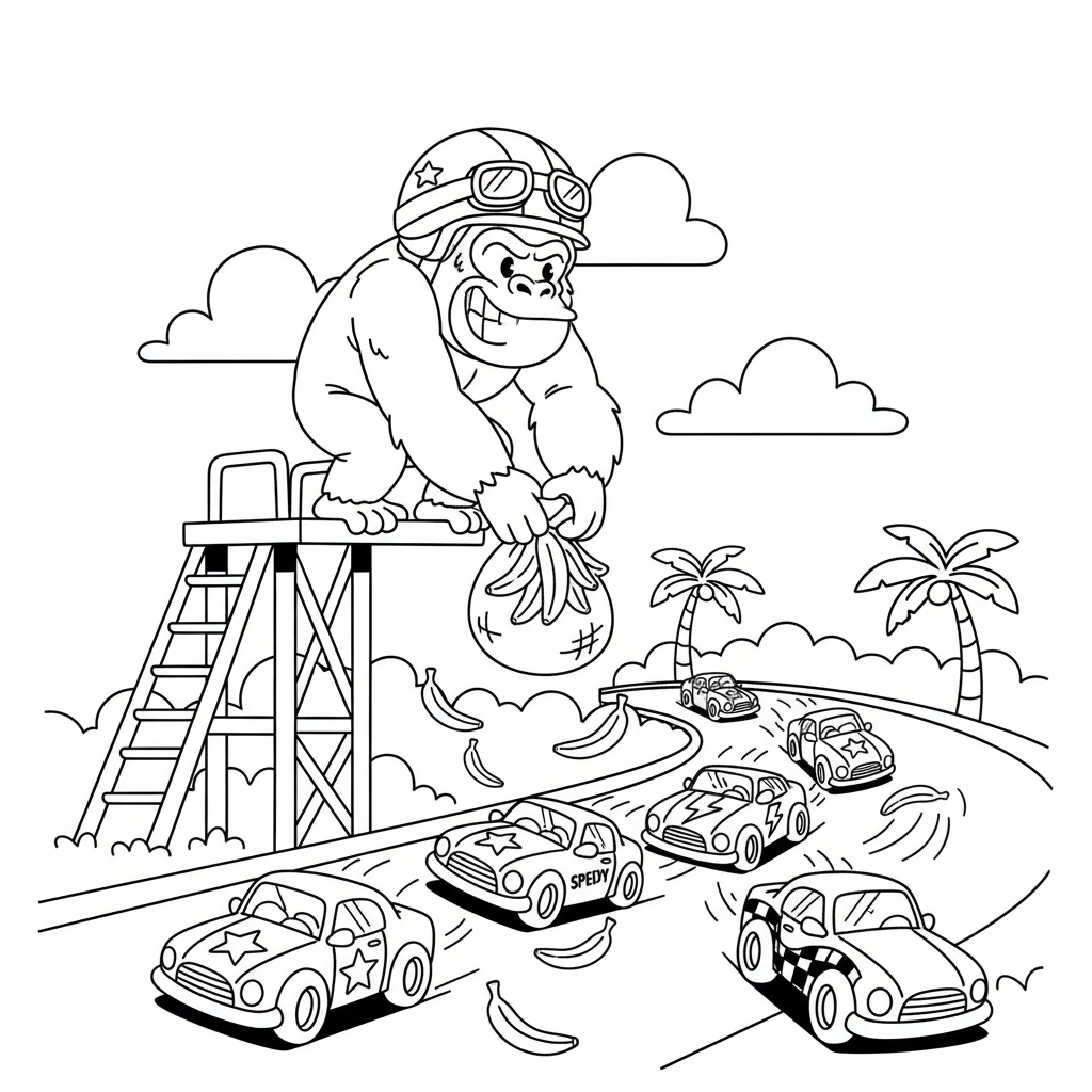 A cartoon gorilla dropping banana peels on race track - Free Printable Coloring Page A cartoon gorilla dropping banana peels on race track - Free Printable Coloring Page