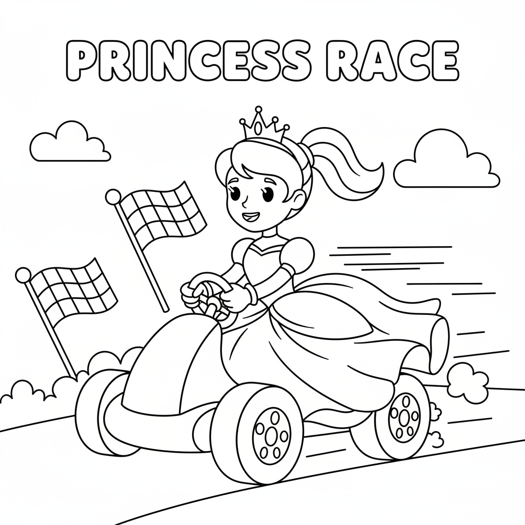 A cartoon princess in pink dress racing elegantly in kart - Free Printable Coloring Page A cartoon princess in pink dress racing elegantly in kart - Free Printable Coloring Page