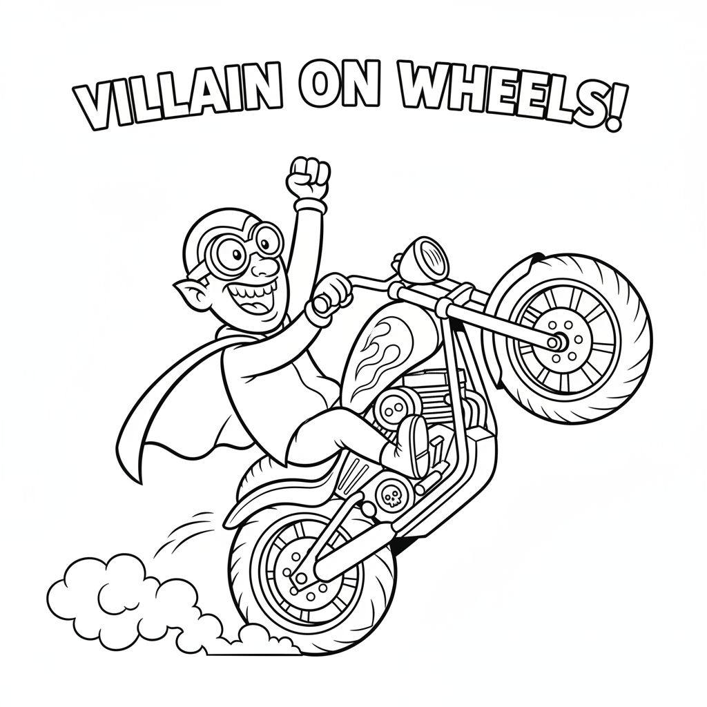 A cartoon villain on motorcycle doing wheelie trick - Free Printable Coloring Page A cartoon villain on motorcycle doing wheelie trick - Free Printable Coloring Page