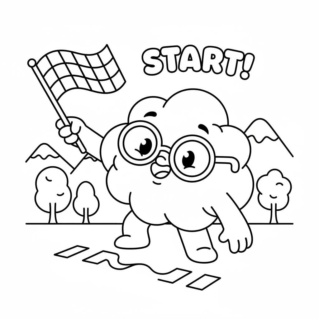 A cloud creature with glasses starting race with flag - Free Printable Coloring Page A cloud creature with glasses starting race with flag - Free Printable Coloring Page