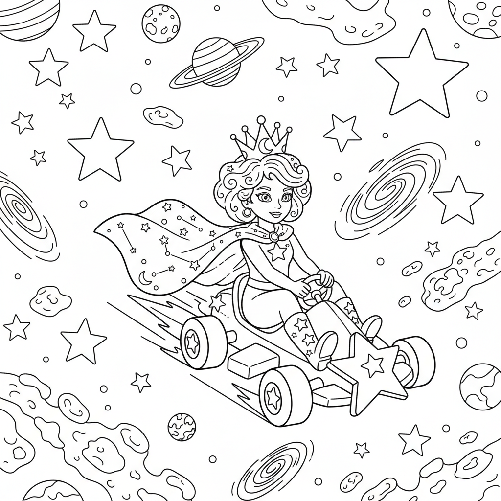 A cosmic princess in star-themed kart galaxy background - Free Printable Coloring Page A cosmic princess in star-themed kart galaxy background - Free Printable Coloring Page