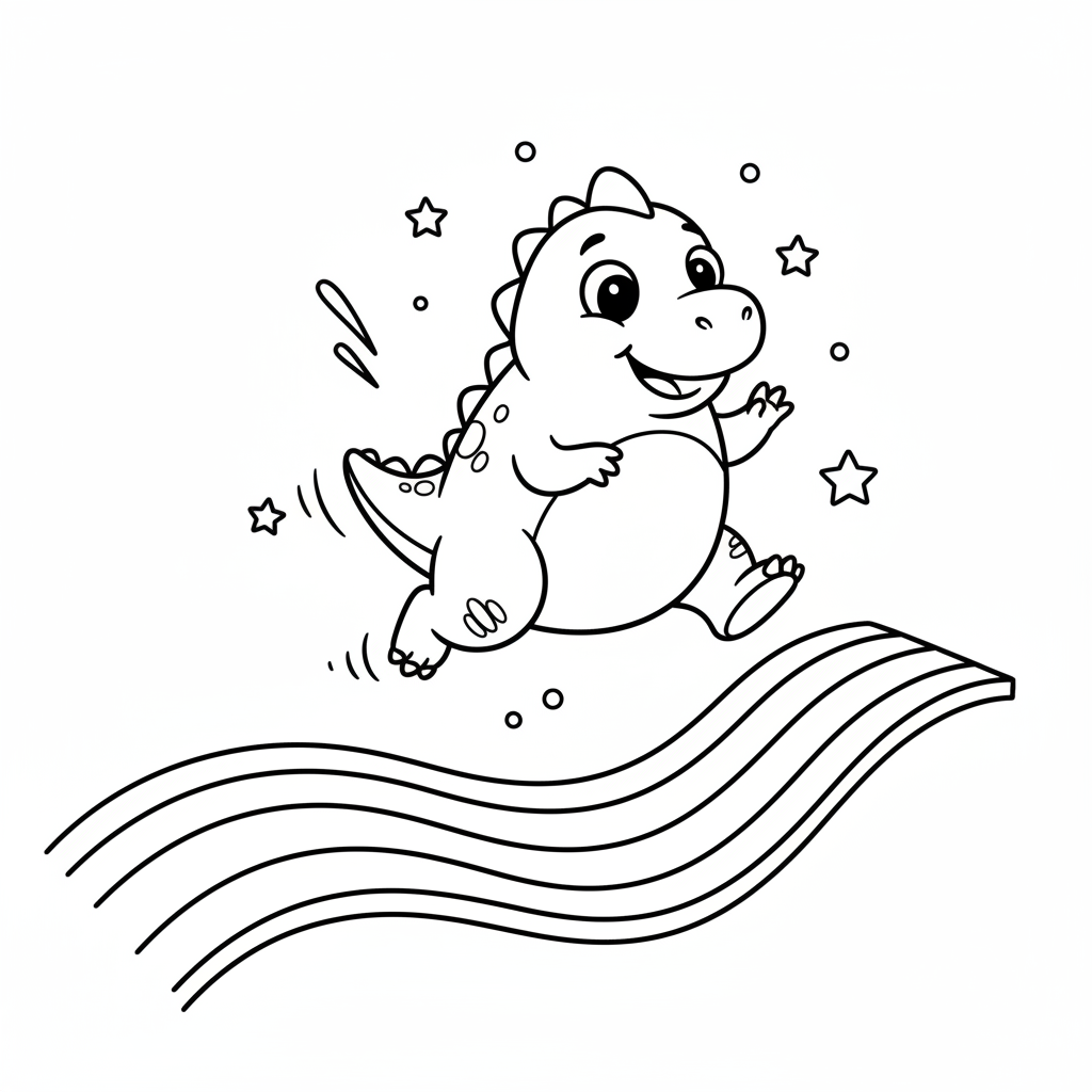 A cute green dinosaur creature jumping on a rainbow road track - Free Printable Coloring Page A cute green dinosaur creature jumping on a rainbow road track - Free Printable Coloring Page