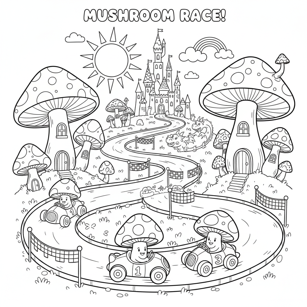 A fantasy mushroom kingdom race track near a castle - Free Printable Coloring Page A fantasy mushroom kingdom race track near a castle - Free Printable Coloring Page