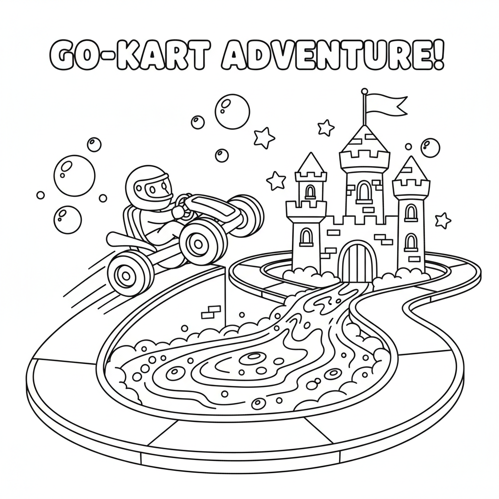 Un karting qui saute d'une rampe au-dessus d'un château dans une fosse de lave - Free Printable Coloring Page