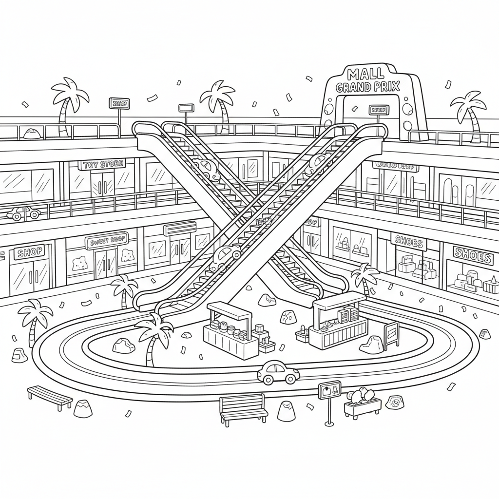 Una pista de carreras con temática de centro comercial y escaleras mecánicas en el interior. - Página para colorear gratis