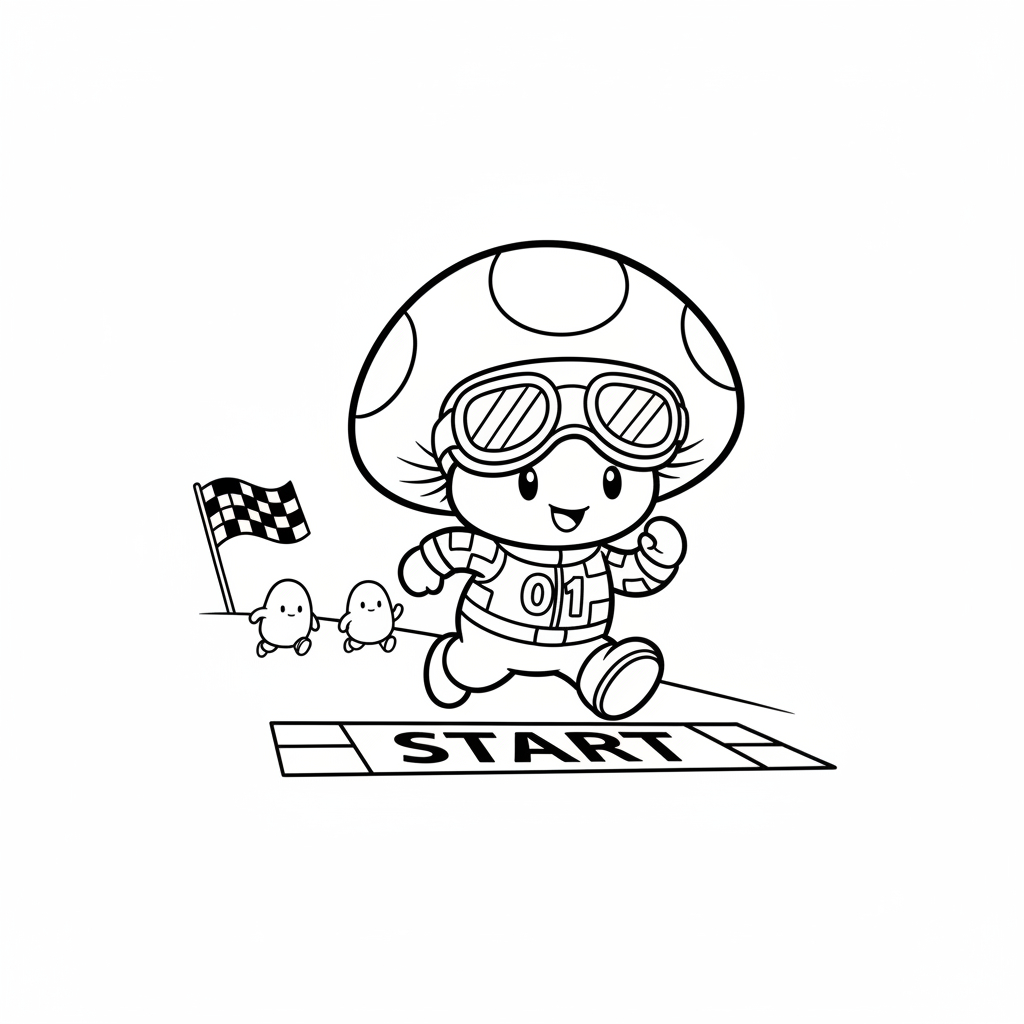 A small mushroom-headed character racing at starting line - Free Printable Coloring Page A small mushroom-headed character racing at starting line - Free Printable Coloring Page