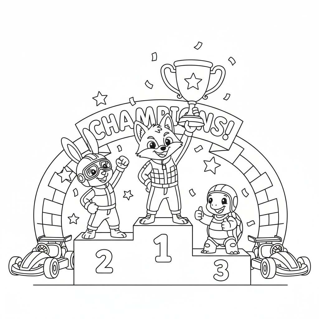 Cartoon kart racers celebrating with trophy on podium - Free Printable Coloring Page Cartoon kart racers celebrating with trophy on podium - Free Printable Coloring Page