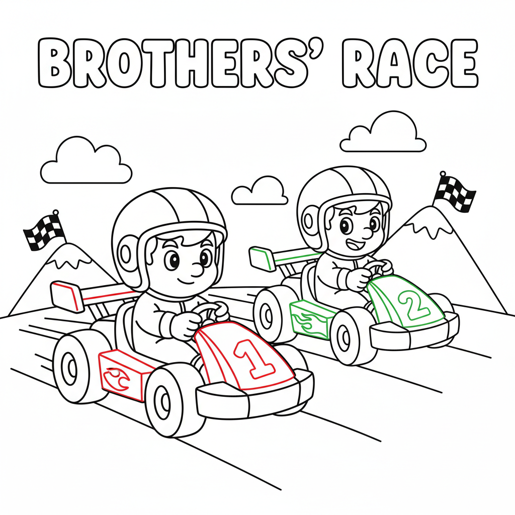 Two cartoon brothers in red and green racing karts together - Free Printable Coloring Page Two cartoon brothers in red and green racing karts together - Free Printable Coloring Page