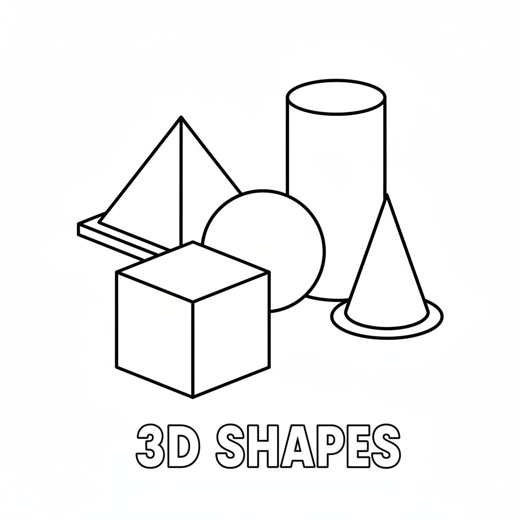 3D shapes cube sphere cylinder cone pyramid collection - Free Printable Coloring Page