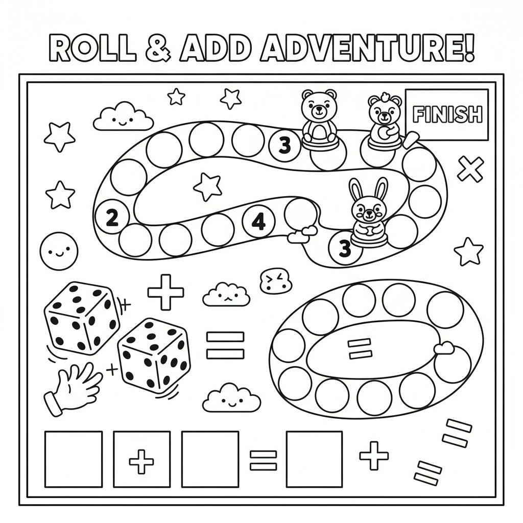 Addition with dice rolling and adding numbers together game - Free Printable Coloring Page Addition with dice rolling and adding numbers together game - Free Printable Coloring Page
