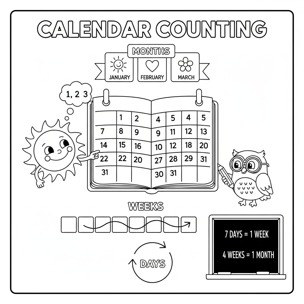 Calendar math counting days weeks and months visual - Free Printable Coloring Page