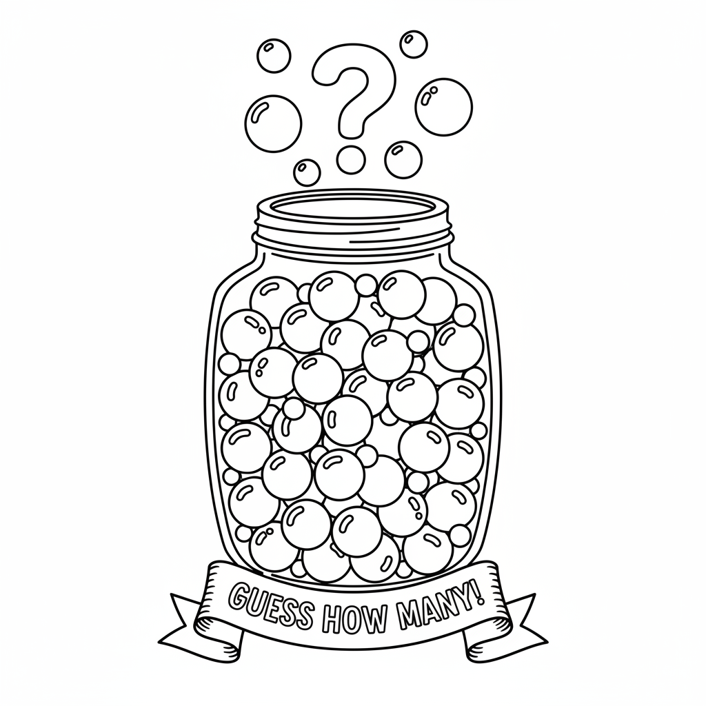 Uppskattningsburk fylld med tuggummibollar gissa hur många - Gratis utskrivbar målarbild Uppskattningsburk fylld med tuggummibollar gissa hur många - Gratis utskrivbar målarbild