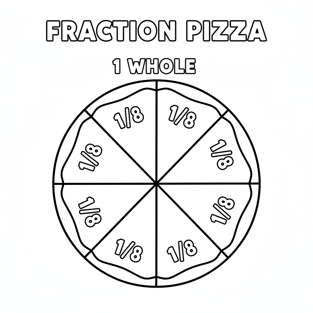 Fractions pizza pie cut into equal slices visual math - Free Printable Coloring Page Fractions pizza pie cut into equal slices visual math - Free Printable Coloring Page