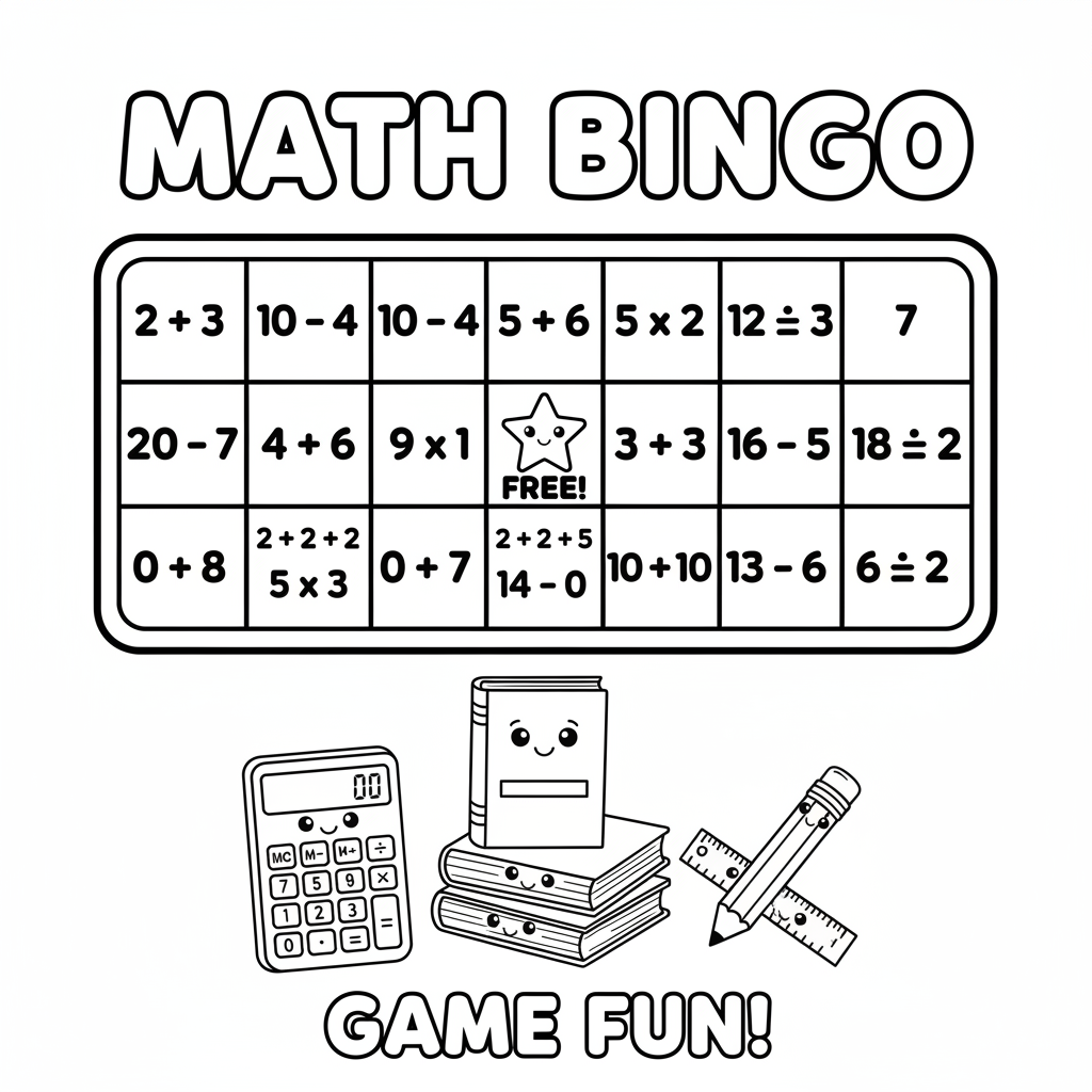 Math bingo card with numbers and equations game fun - Free Printable Coloring Page Math bingo card with numbers and equations game fun - Free Printable Coloring Page