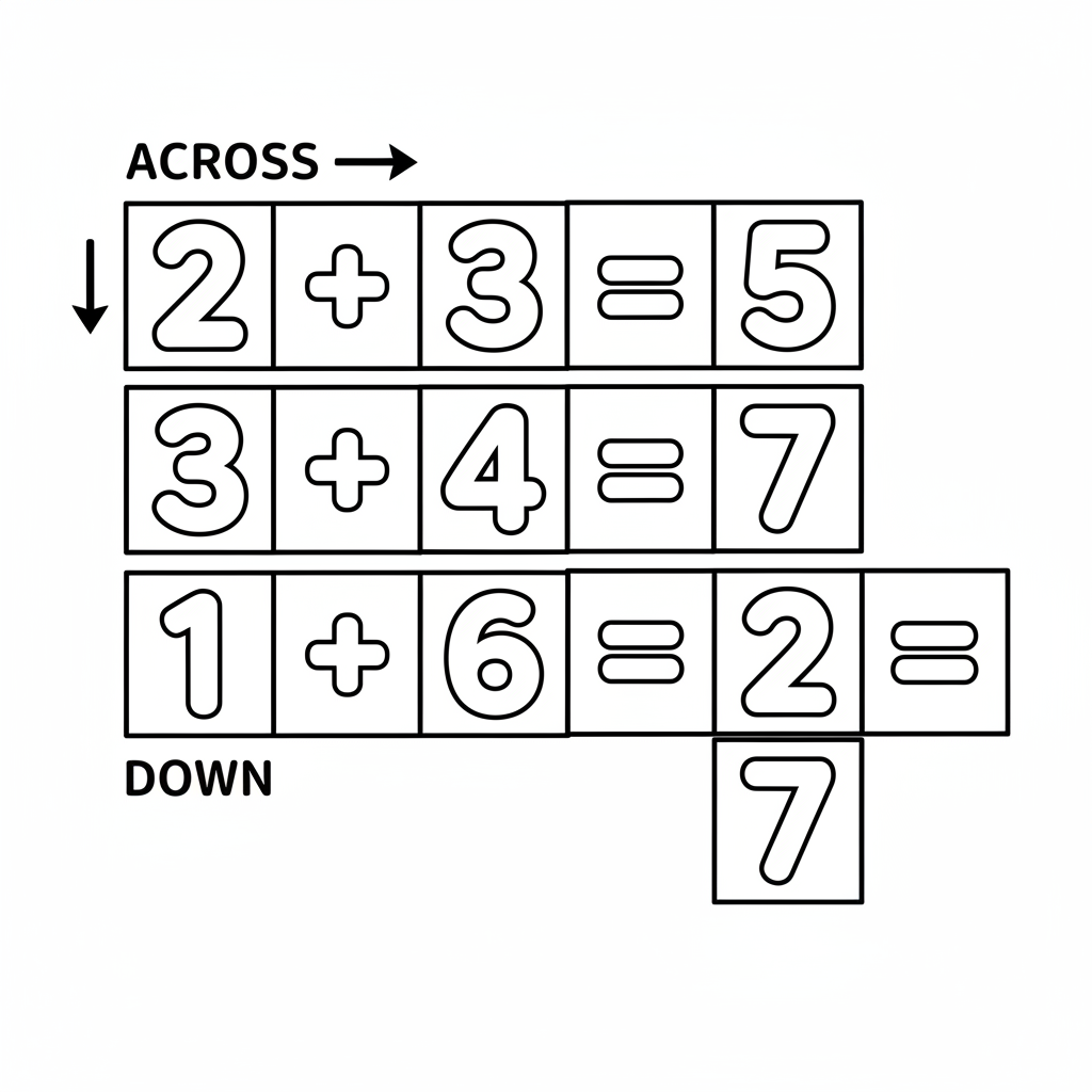 Math crossword puzzle numbers instead of words game - Free Printable Coloring Page