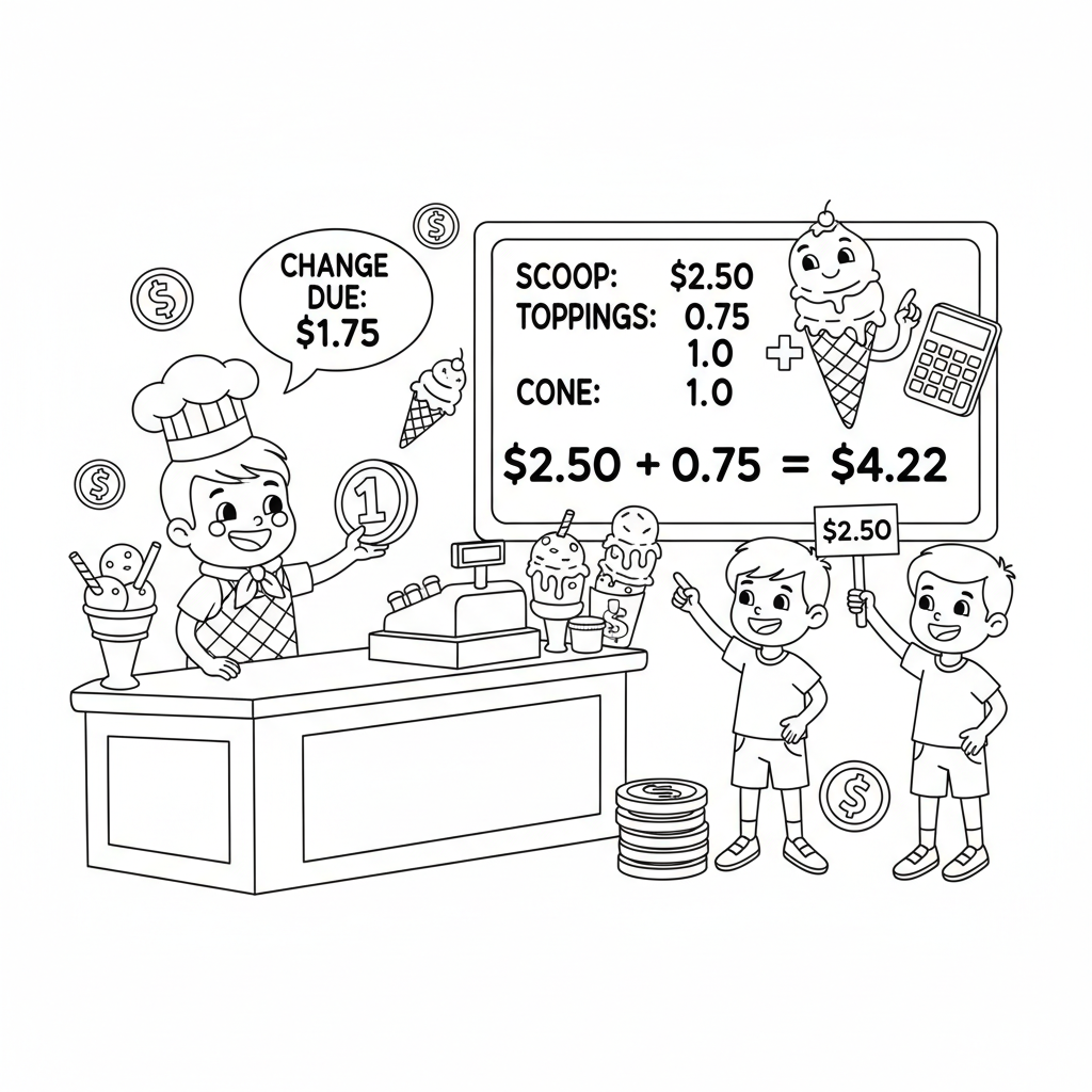 Math ice cream shop making change and adding prices - Free Printable Coloring Page