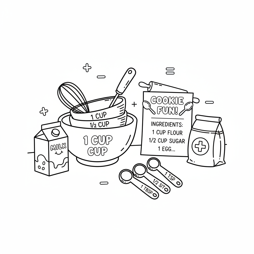 Recept på matte i köket med måttkoppar och skedar - Gratis utskrivbar målarbild Recept på matte i köket med måttkoppar och skedar - Gratis utskrivbar målarbild