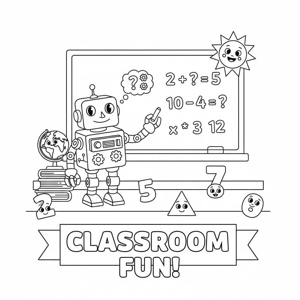 Math robot solving equations on chalkboard classroom fun - Free Printable Coloring Page Math robot solving equations on chalkboard classroom fun - Free Printable Coloring Page