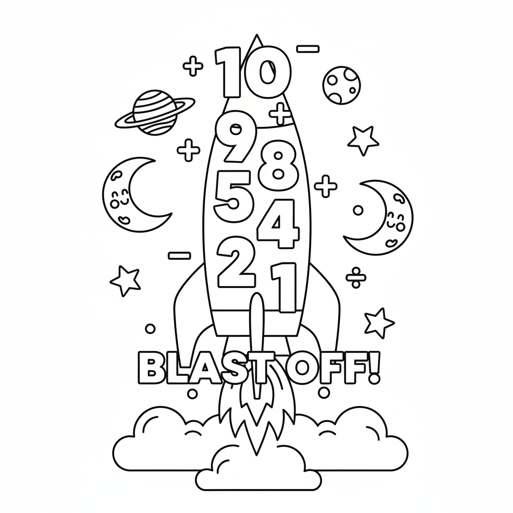 Math rocket countdown from 10 to 1 blast off - Free Printable Coloring Page
