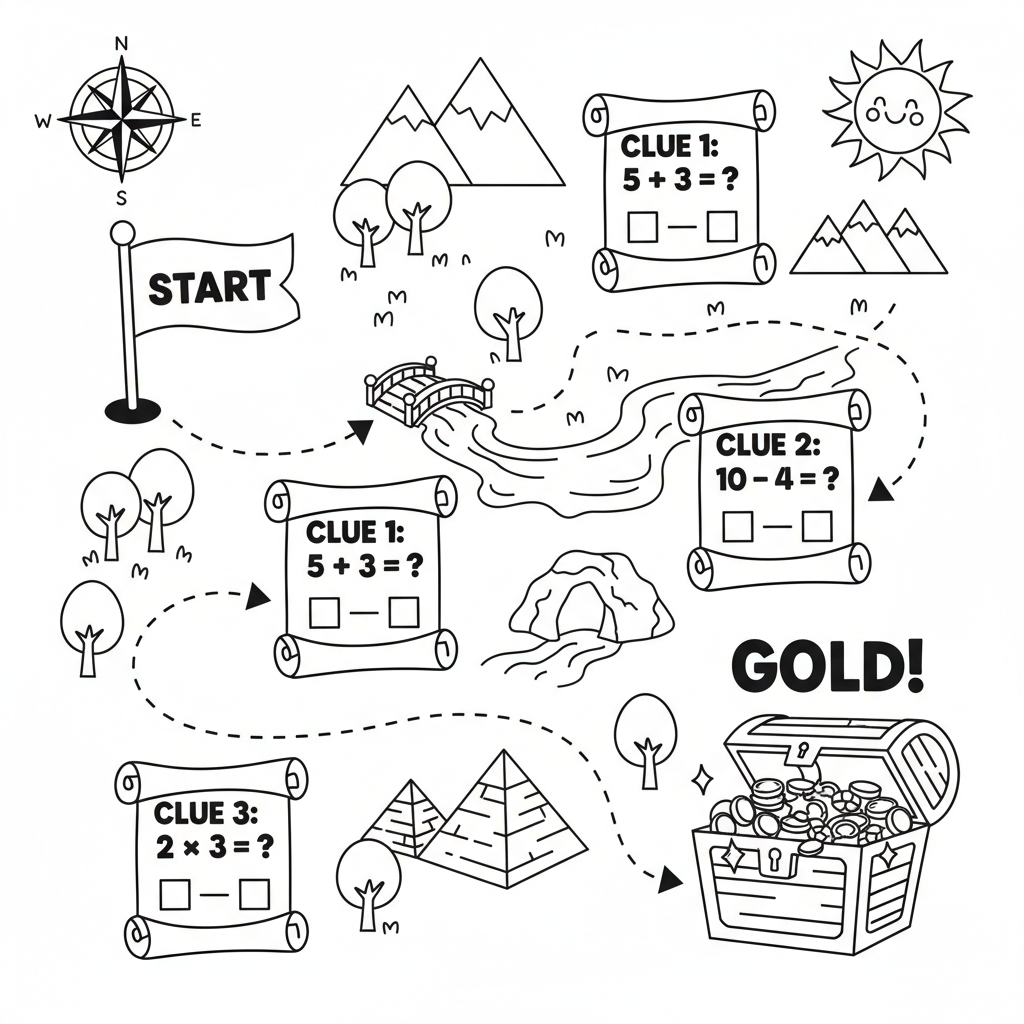 Math treasure map follow the equation clues to gold - Free Printable Coloring Page Math treasure map follow the equation clues to gold - Free Printable Coloring Page