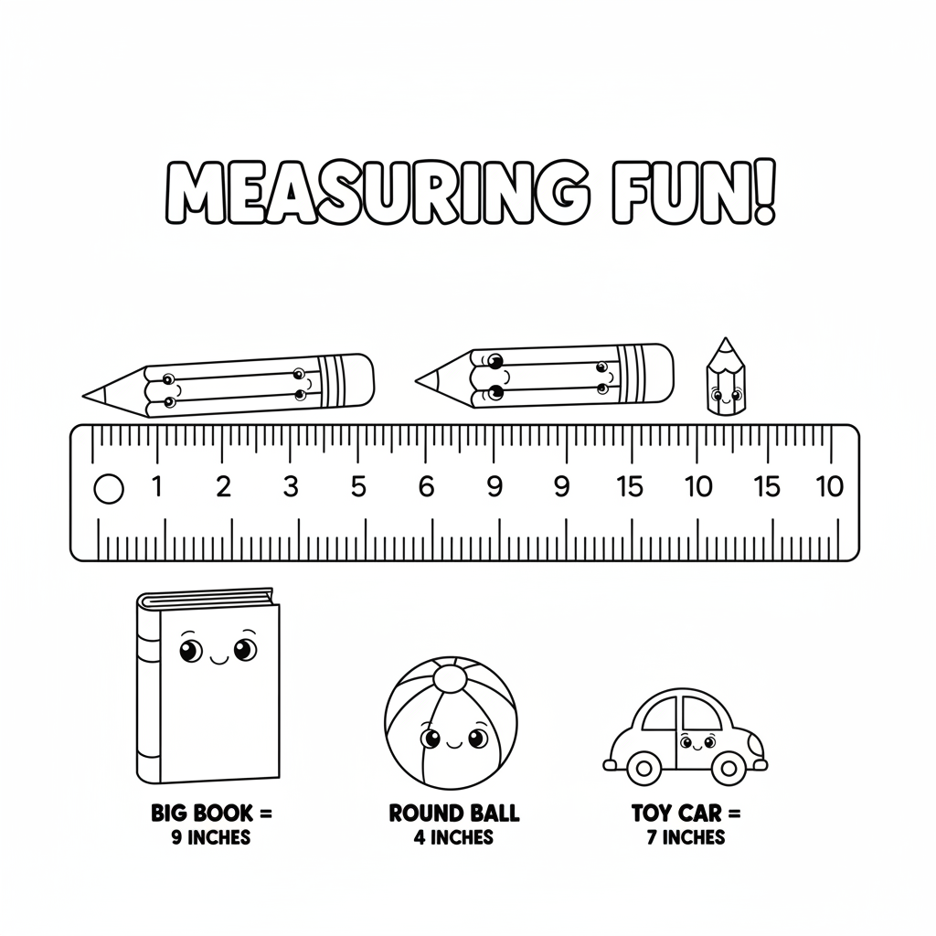 Measuring with ruler pencils and objects different lengths - Free Printable Coloring Page Measuring with ruler pencils and objects different lengths - Free Printable Coloring Page