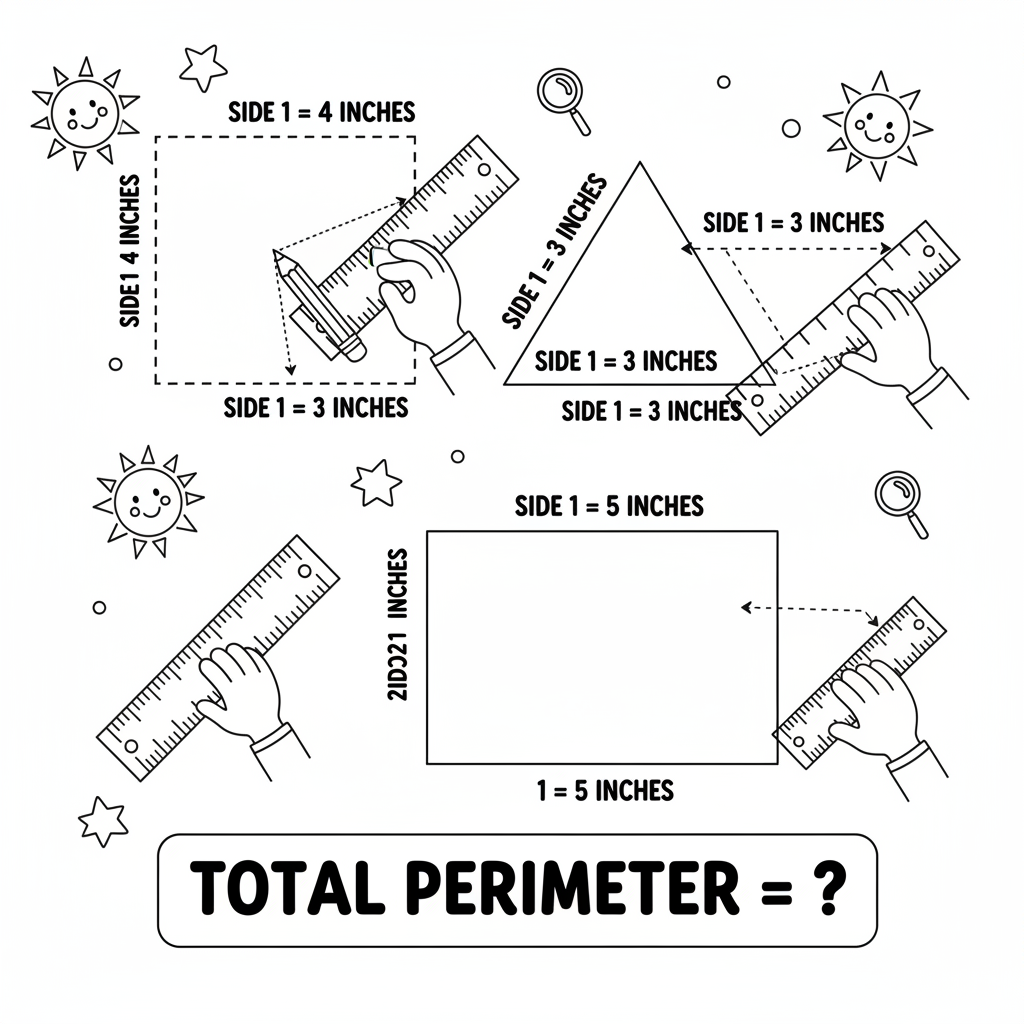 Perimeter measuring around shapes with ruler activity - Free Printable Coloring Page