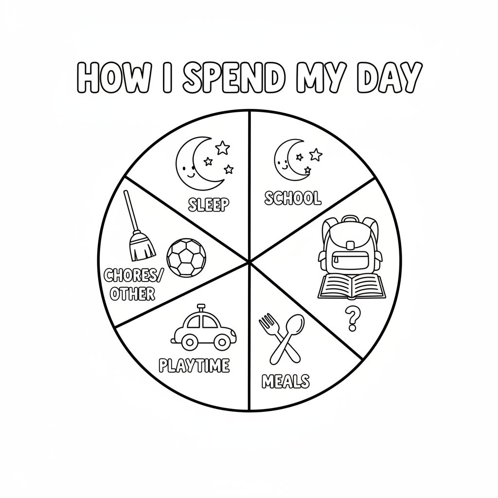 Pie chart showing how kid spends their day time - Free Printable Coloring Page