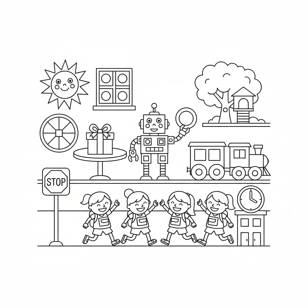 Shapes in real life finding circles squares in scene - Free Printable Coloring Page Shapes in real life finding circles squares in scene - Free Printable Coloring Page