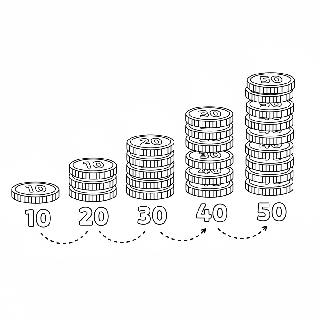 Skip counting by 10s with stacks of coins money - Free Printable Coloring Page Skip counting by 10s with stacks of coins money - Free Printable Coloring Page