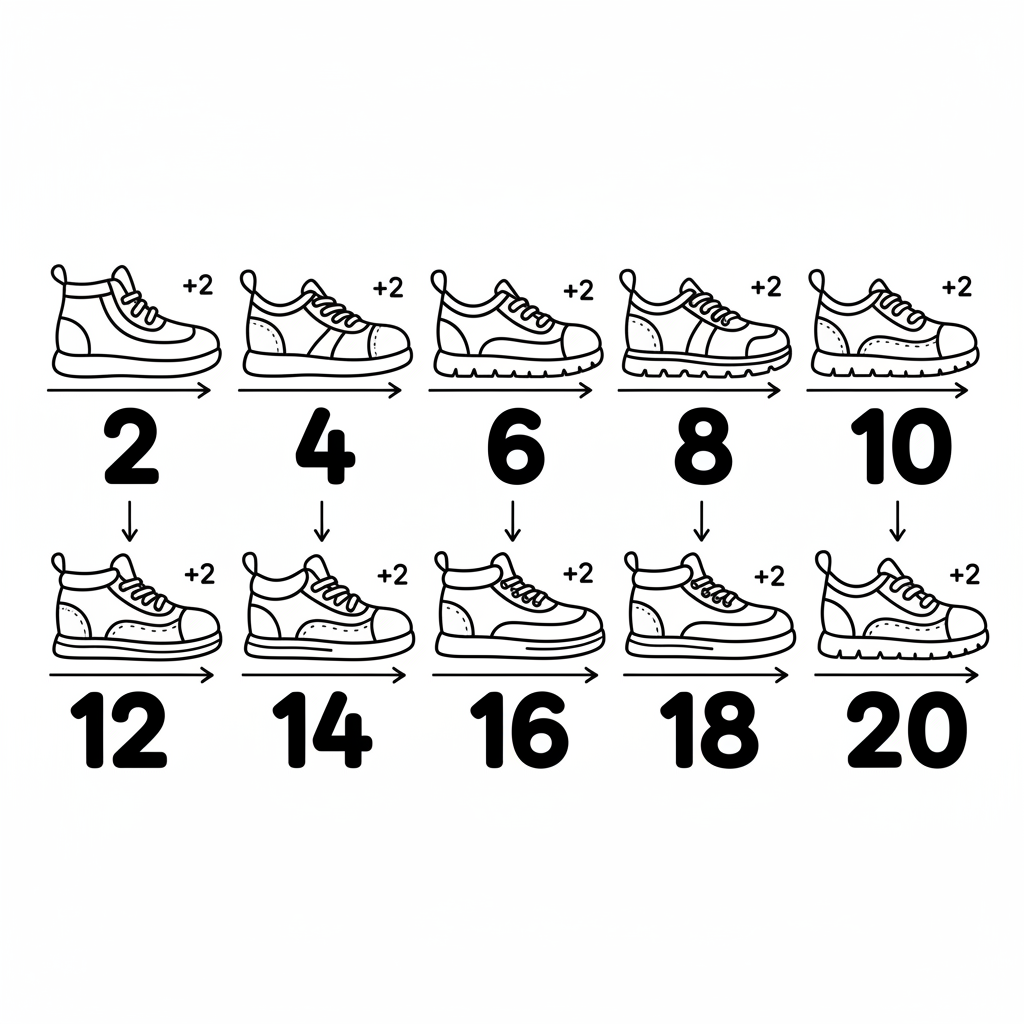 Skip counting by 2s with pairs of shoes pattern - Free Printable Coloring Page Skip counting by 2s with pairs of shoes pattern - Free Printable Coloring Page