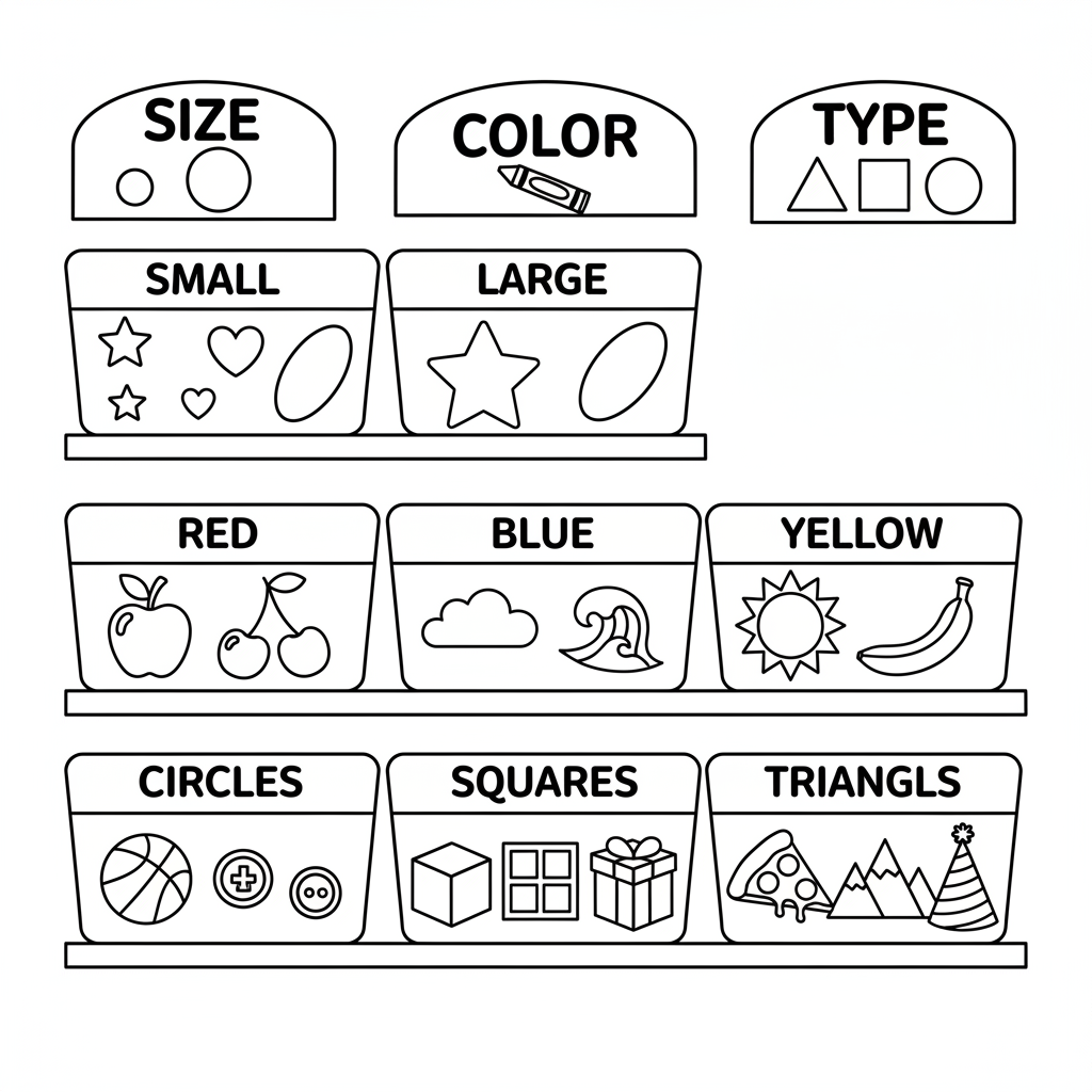 Sorting shapes by size color and type categories - Free Printable Coloring Page