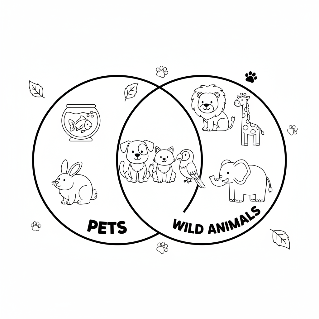Venn diagram with animals sorting pets and wild animals - Free Printable Coloring Page Venn diagram with animals sorting pets and wild animals - Free Printable Coloring Page