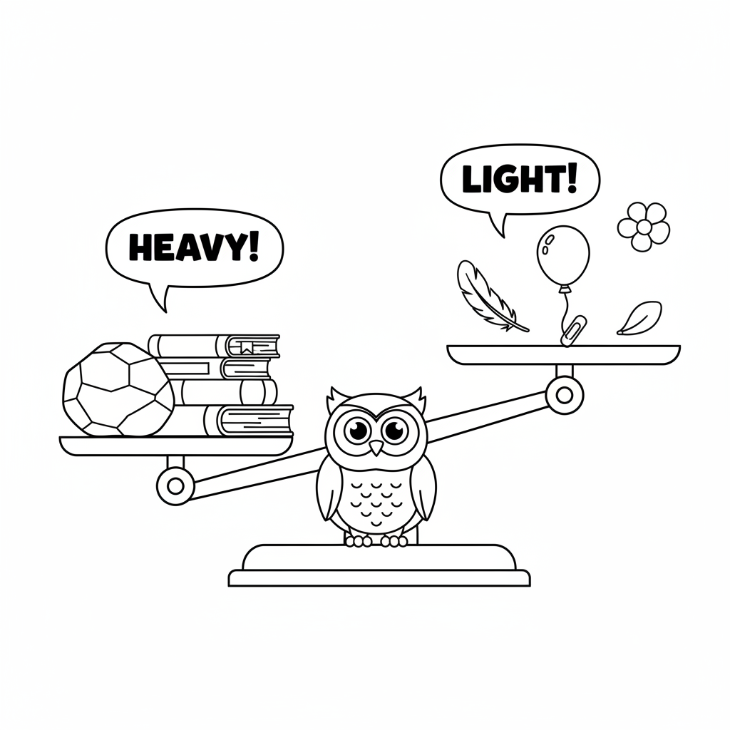 Viktjämförelse av tunga och lätta föremål på en våg - Gratis utskrivbar målarbild Viktjämförelse av tunga och lätta föremål på en våg - Gratis utskrivbar målarbild