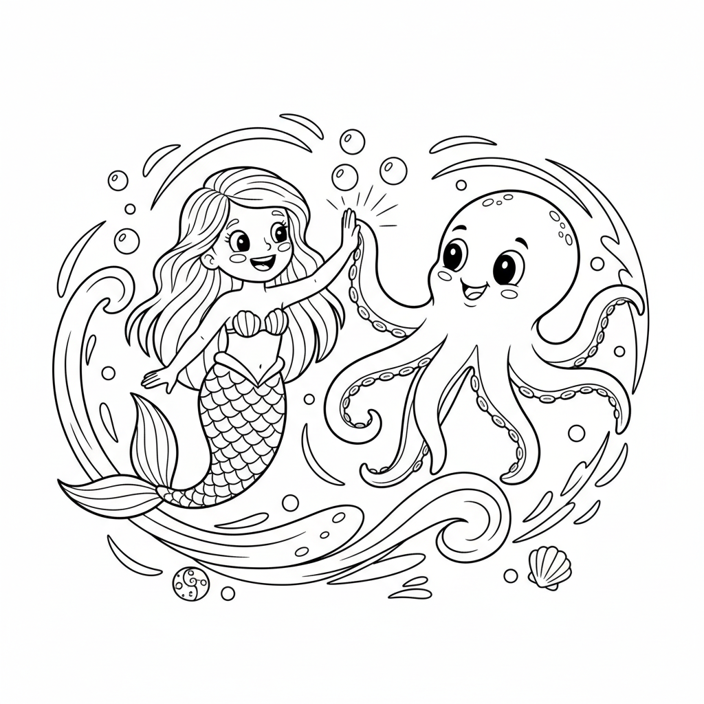 Mermaid and octopus friends tentacle high five - Free Printable Coloring Page