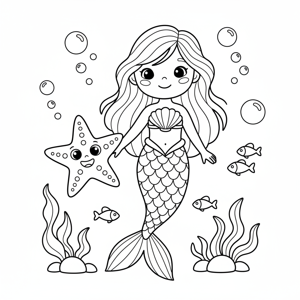 Mermaid and starfish friends five armed buddy - Free Printable Coloring Page Mermaid and starfish friends five armed buddy - Free Printable Coloring Page