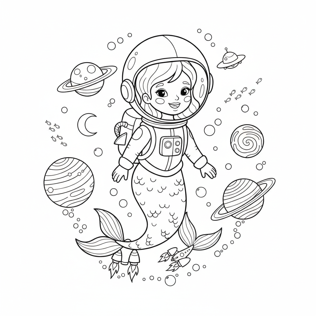 Mermaid astronaut bubble helmet space underwater - Free Printable Coloring Page