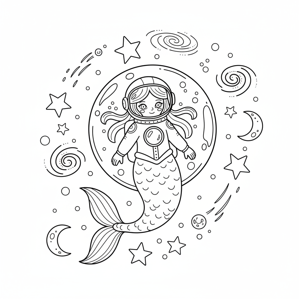 Mermaid astronaut in water bubble exploring space stars - Free Printable Coloring Page