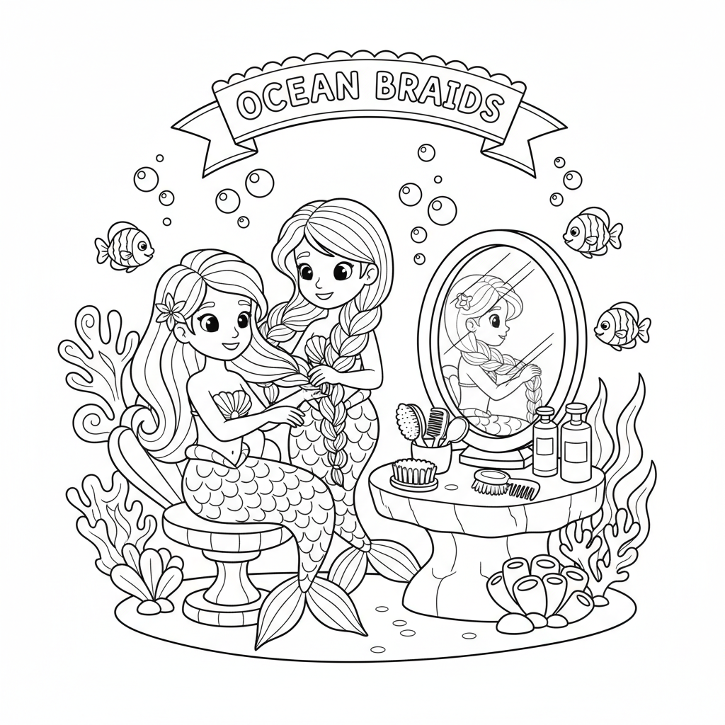 Mermaid braiding another mermaid's hair underwater salon - Free Printable Coloring Page Mermaid braiding another mermaid's hair underwater salon - Free Printable Coloring Page