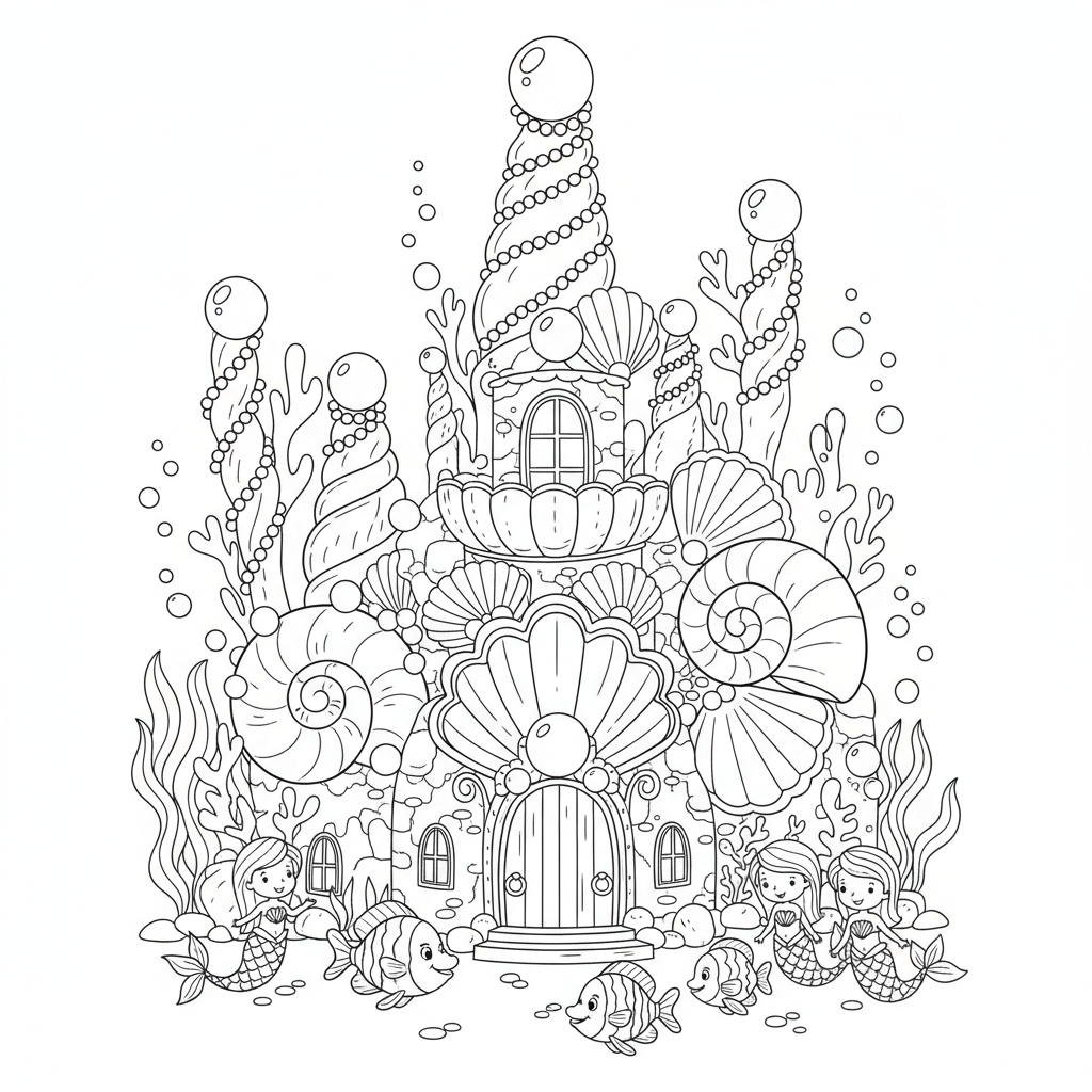 Mermaid castle made of shells pearls home - Free Printable Coloring Page Mermaid castle made of shells pearls home - Free Printable Coloring Page